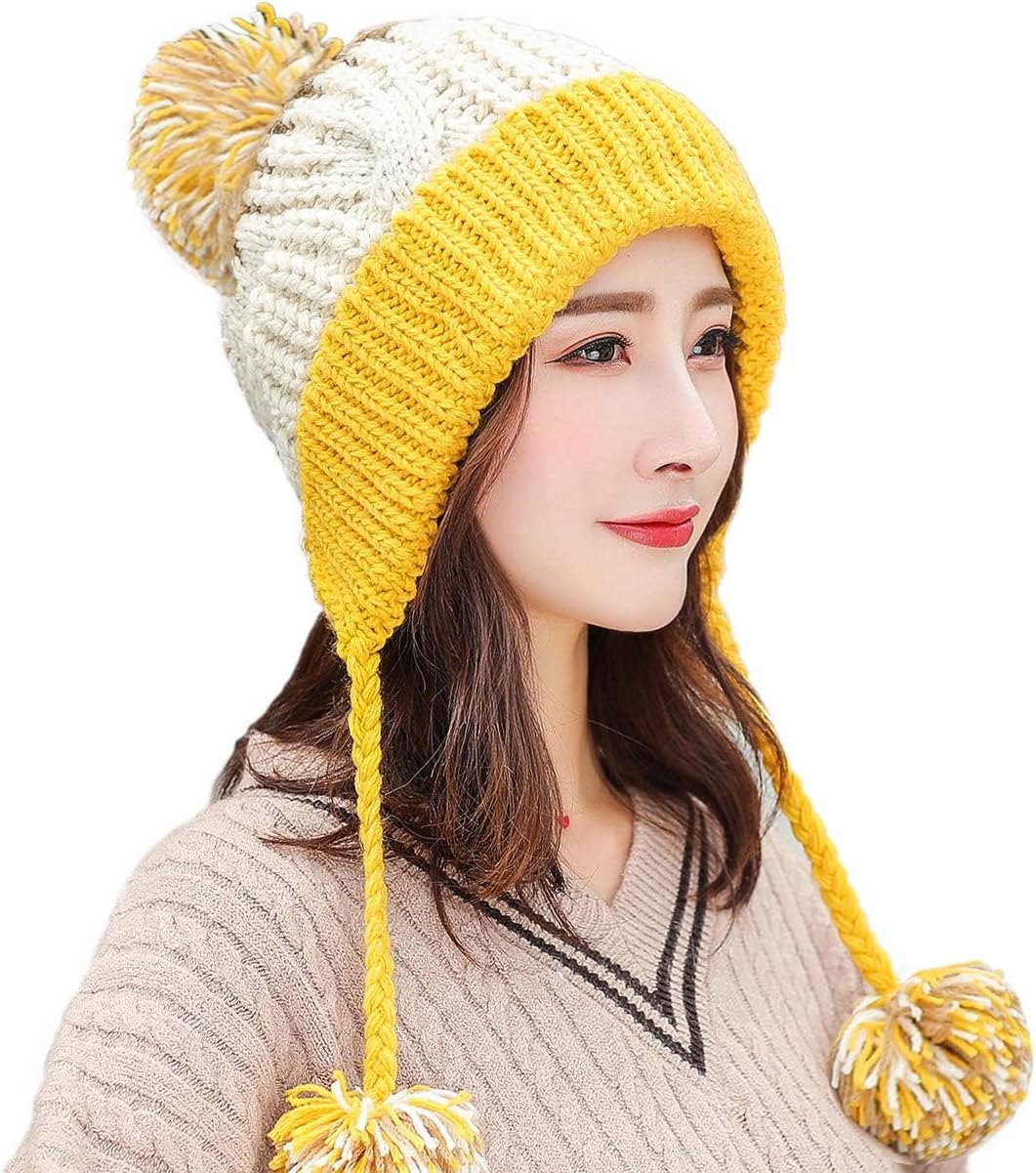 Women Winter Peruvian Cover Ears Beanie Hat Ear Flaps Sherpa Ski Snow Hats Knit Fleece Lined 3 Pom Pom