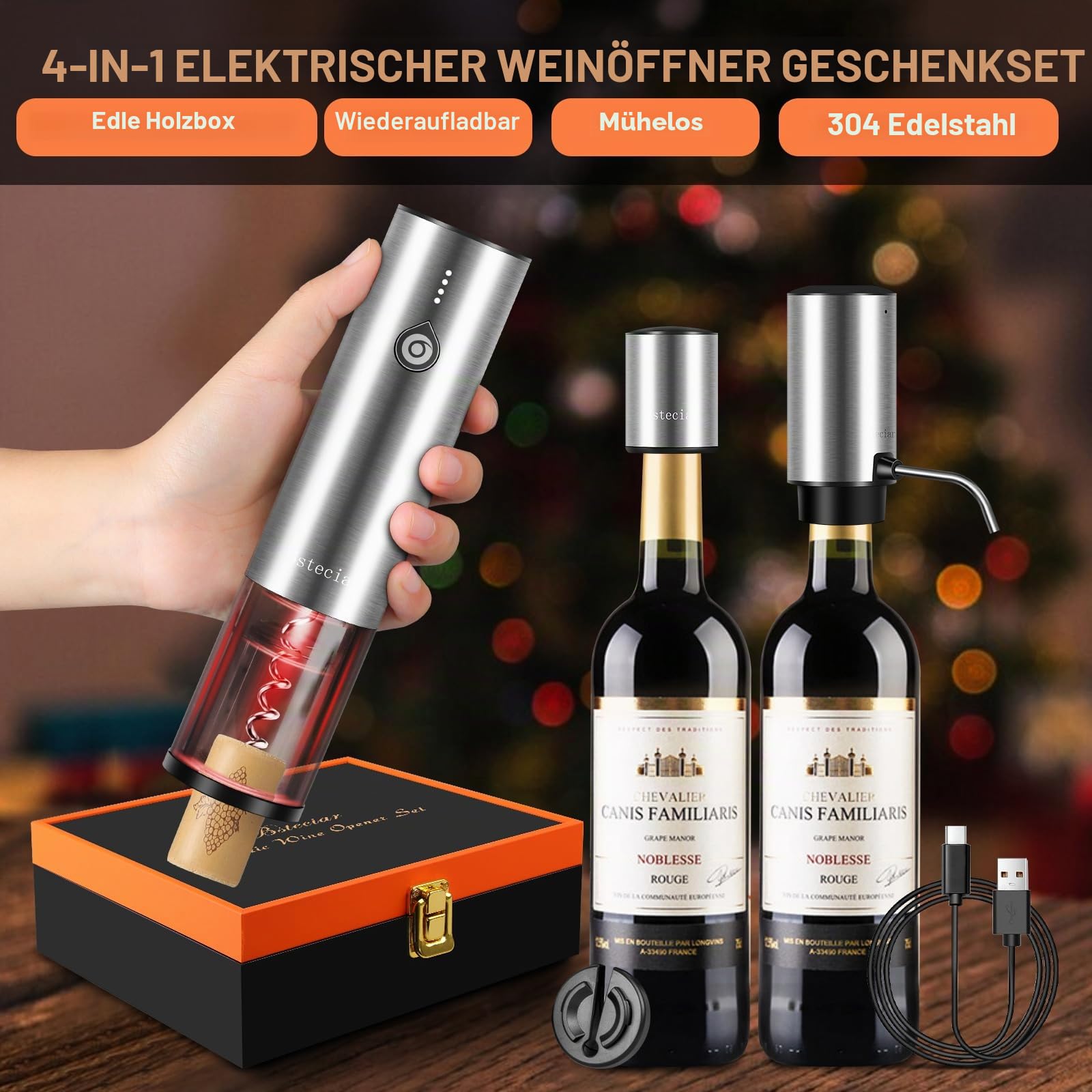 Elektrischer Weinkorkenzieher 4-in-1 Geschenkbox Set mit Automatischer Weindekanter & Weinöffner, Vakuumstopfen, Kapselschneider - USB-C Schnelladung für Weinliebhaber