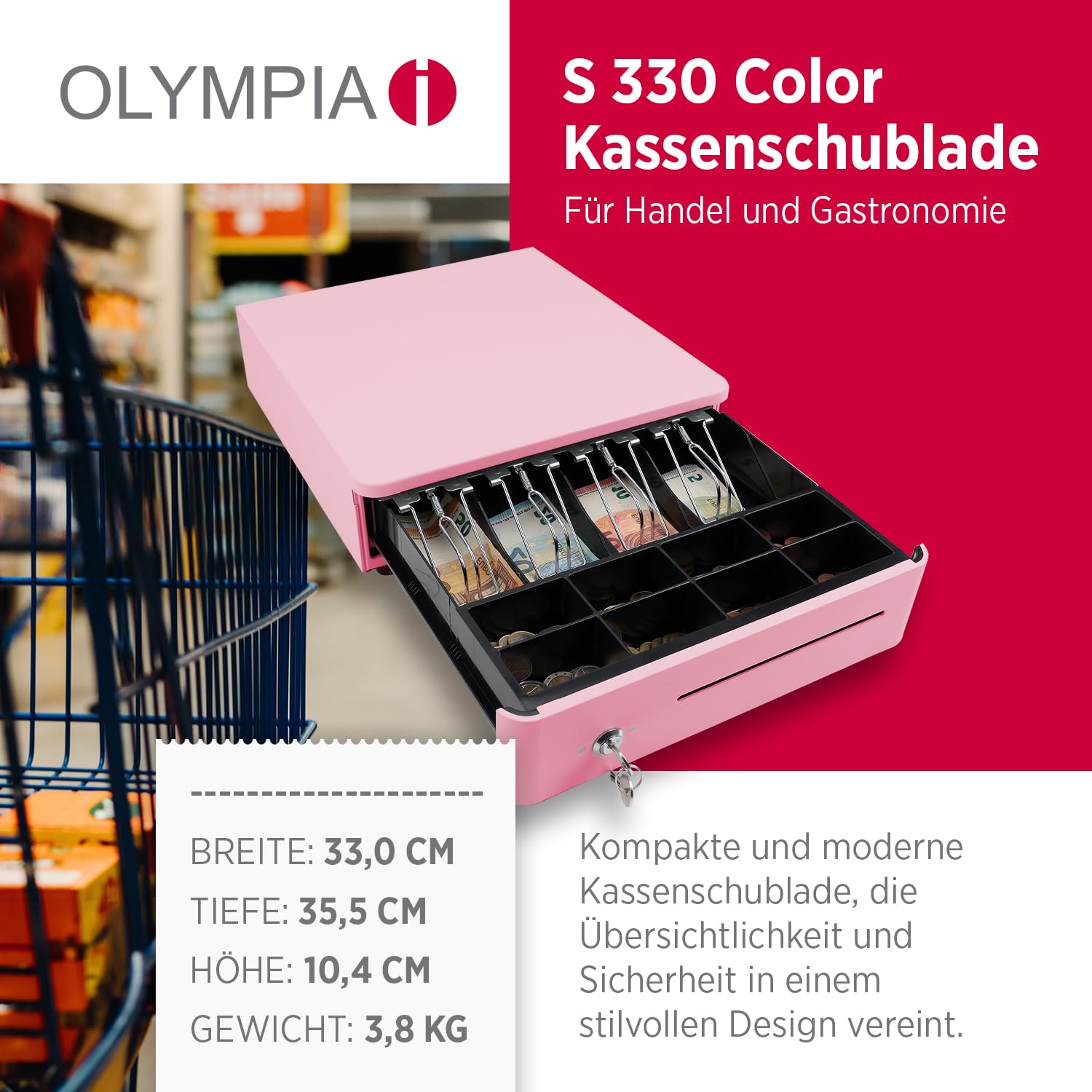 OLYMPIA S 330 - Caja registradora con 8 compartimentos para monedas y 4 billetes, robusta base de metal para caja registradora con cerradura y conector RJ11/RJ12, color rosa
