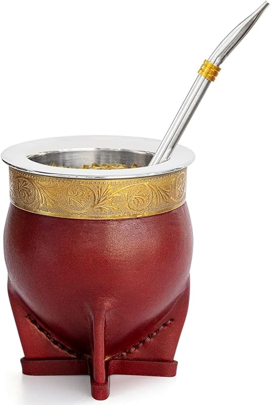 Cuopru Premium Argentina Imperial Yerba Mate Cup con Bombilla Mate (paja), estilo barroco, calabaza de cuero, interior de acero inoxidable 304 (marrón)