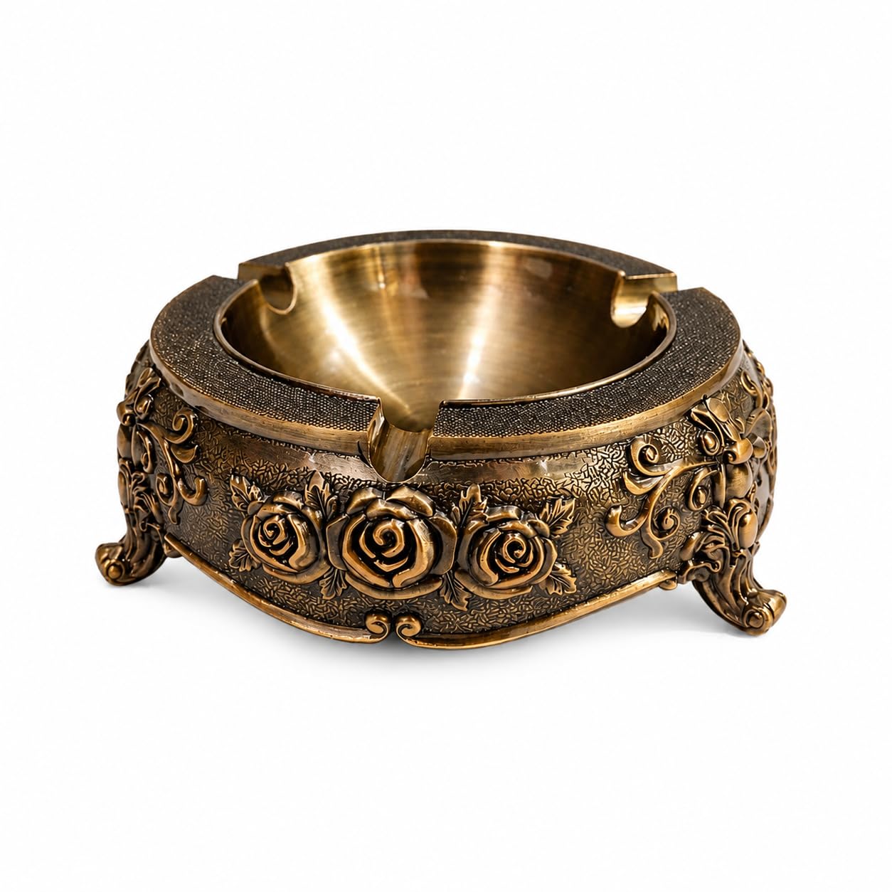 Decorative Metal Ashtray, Antique Gold, Rose Embossed, Vintage Brass Style, 10 cm Diameter, for Office Desk and Home-image-1