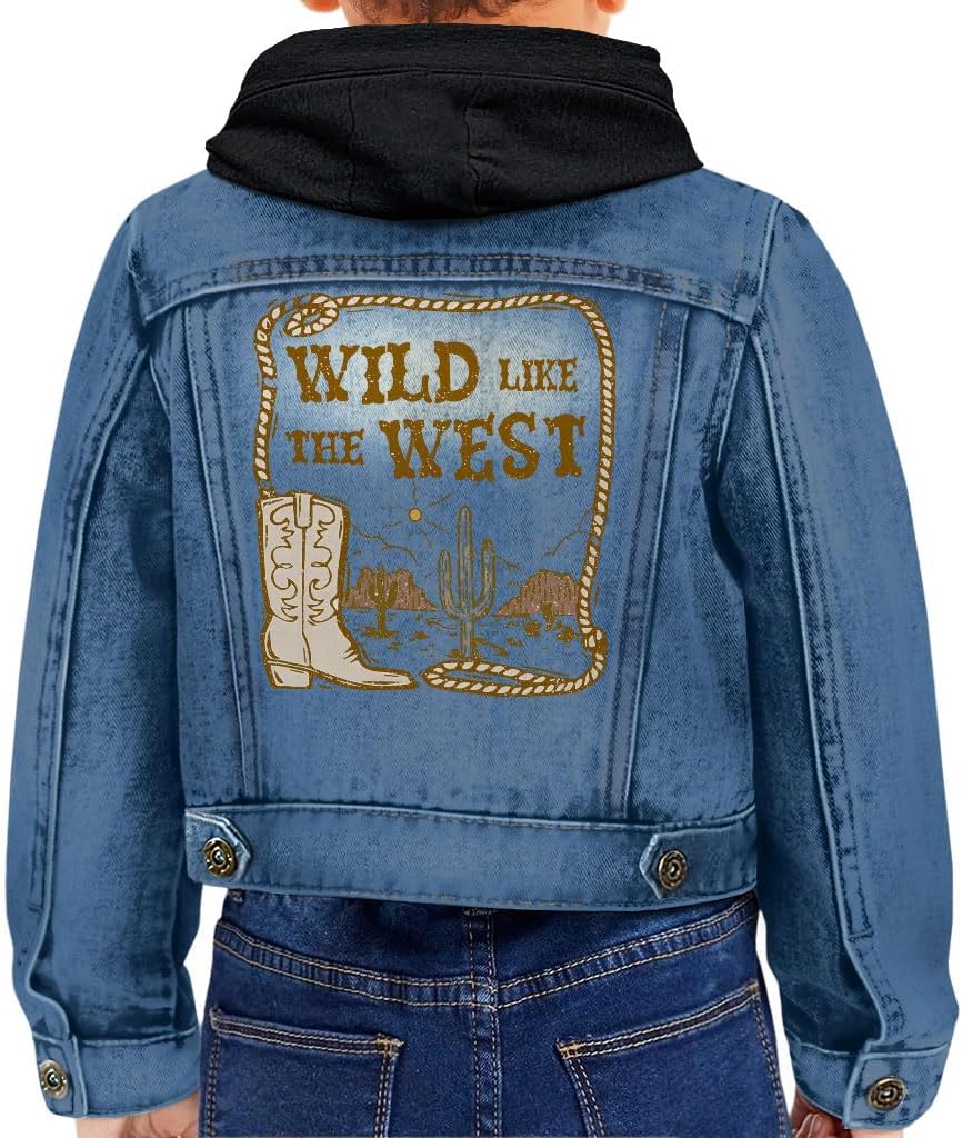 Wild Like the West Toddler Hooded Denim Jacket - Country Boy Present - Baby Shower Jacket - Denim with Black, 4-5T
