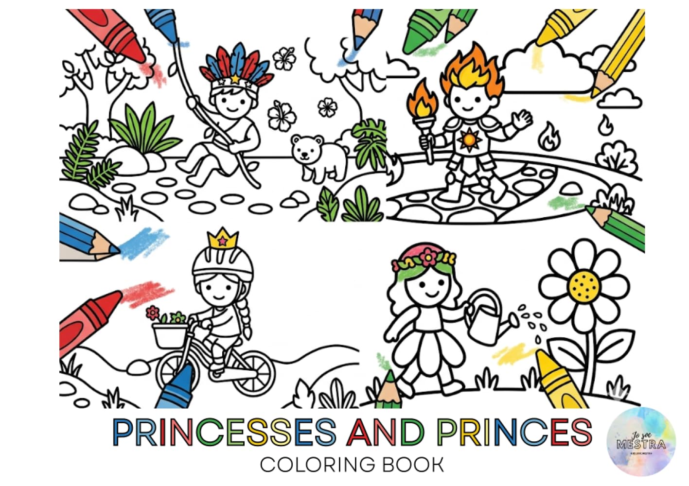 Princesses and Princes: Coloring Book: 50 Characters with Different Skills and Adventures: Thick Line Drawings for Learning to Color