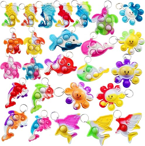 Paquete de 26 llaveros de pulpo, peces de pulpo, delfines, tortugas, tiburones, ballenas, mini llavero Pop para fiestas de cumpleaños, suministros