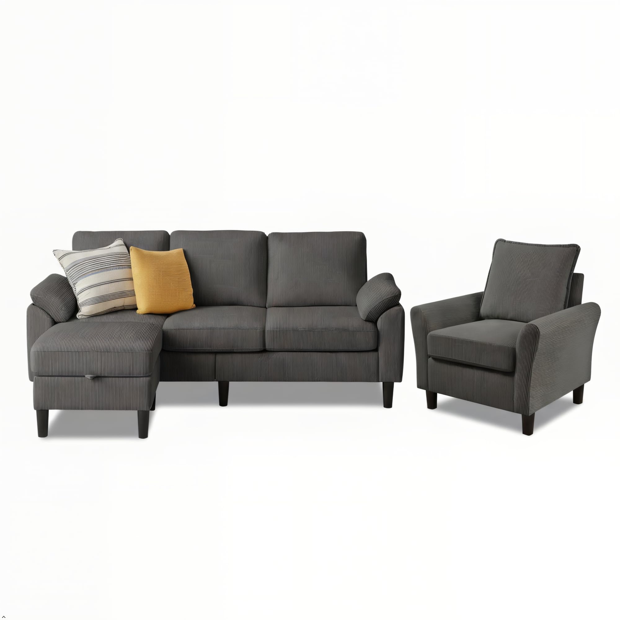 Firmacielu 3 Pieces Corduroy Sofa Set for Living Room with Sofa, Storage Ottoman and Single Chair