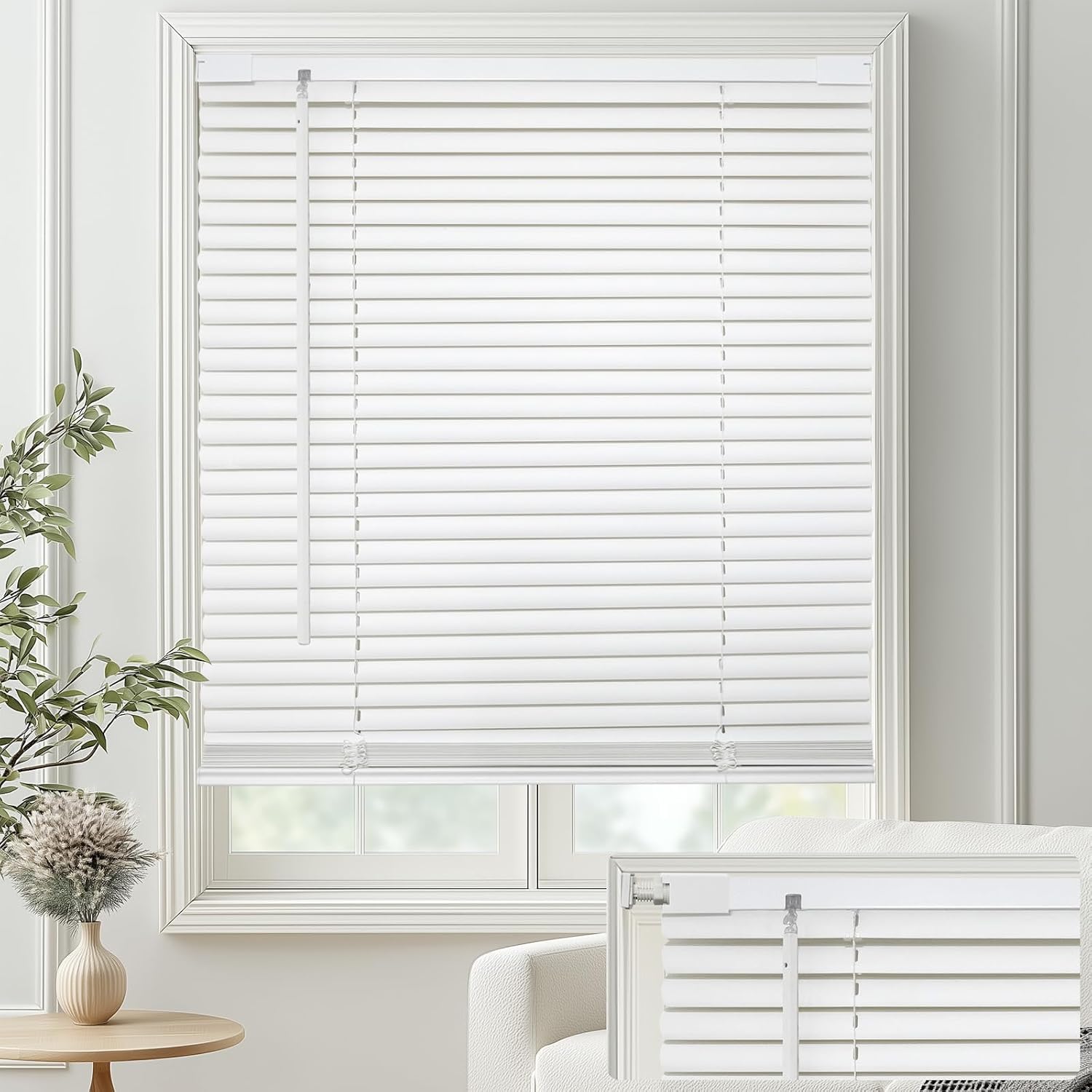MYshade No-Drill Cordless Horizontal Mini Blinds – 35" W x 64" H Tool-Free Inside Mount Window Blinds with 1" Vinyl Slats, Light Filtering & Privacy, Child & Pet Safe, White