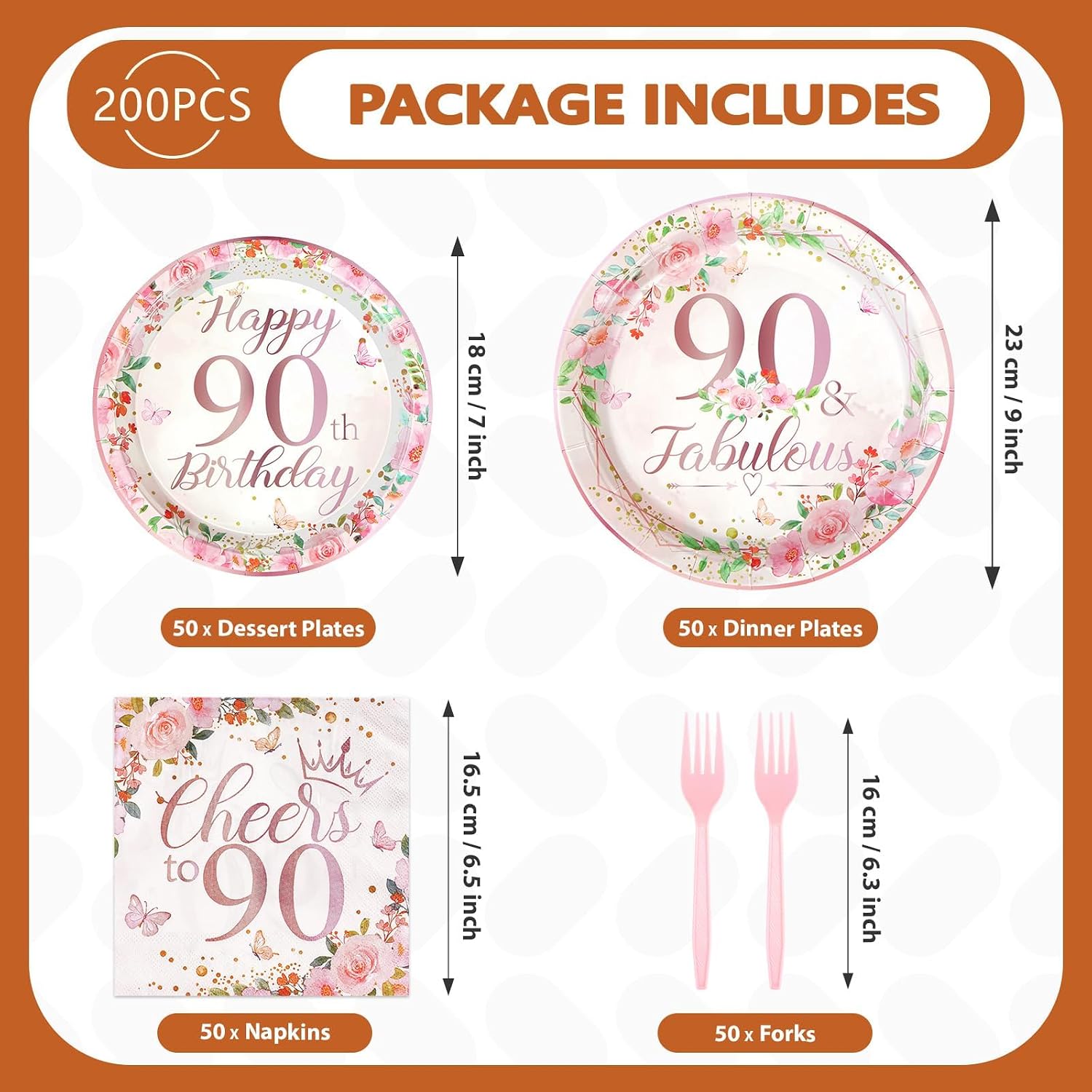 200Pcs 90th Birthday Party Decorations for Women Rose Gold Floral 90th Birthday Plates and Napkins Tableware Sets 90 and Fabulous Party Supplies for 90 Years Old Birthday Party Favors Serves 50