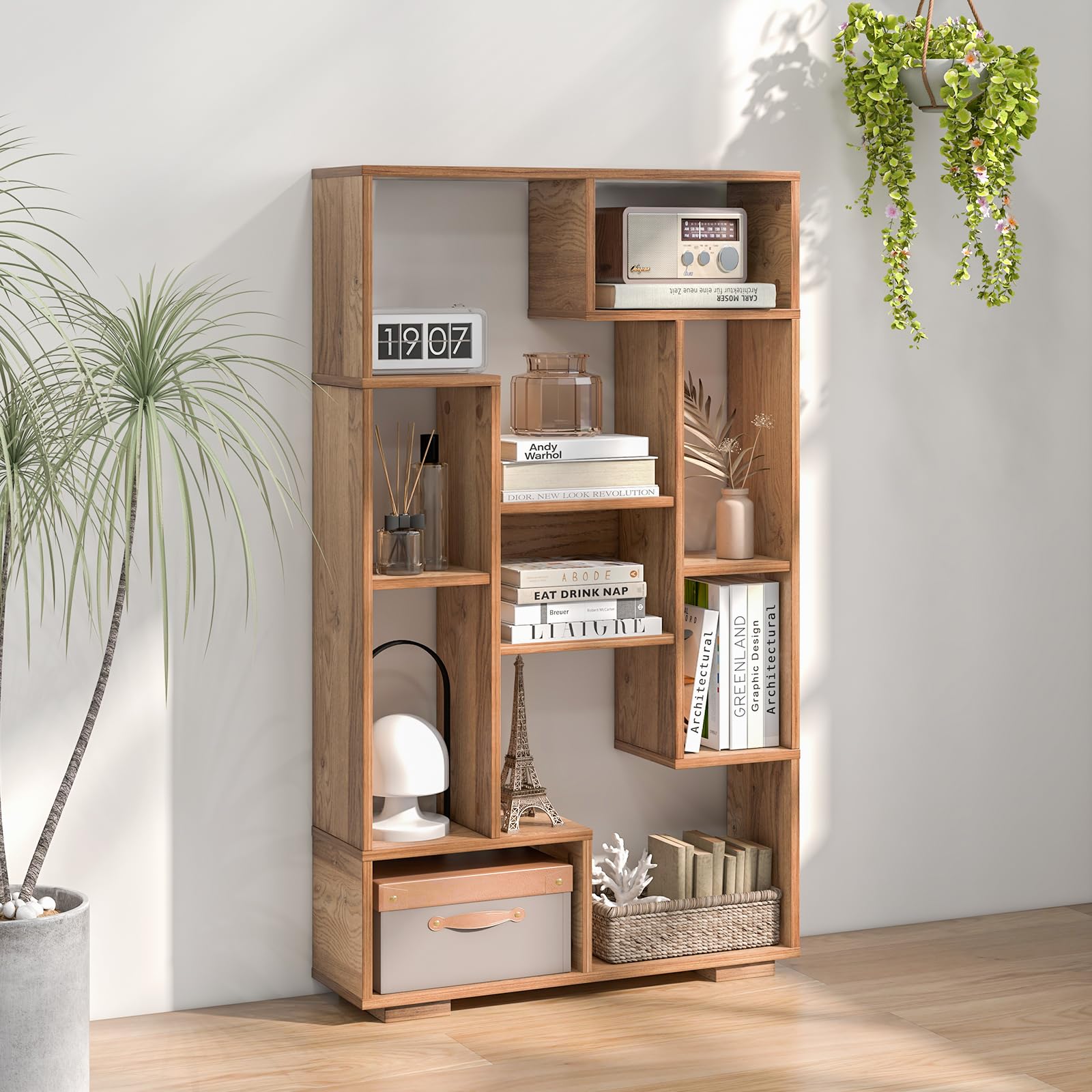 GOPLUS Bibliothèque Meuble de Rangement, Étagère Bureau en Bois pour Salon 70 x 20 x 120 CM, 9 Étagère Cube Ouverte, Kit Anti-basculement, Organisateur pour Chambre, Bureau, Charge 25KG (Naturel)