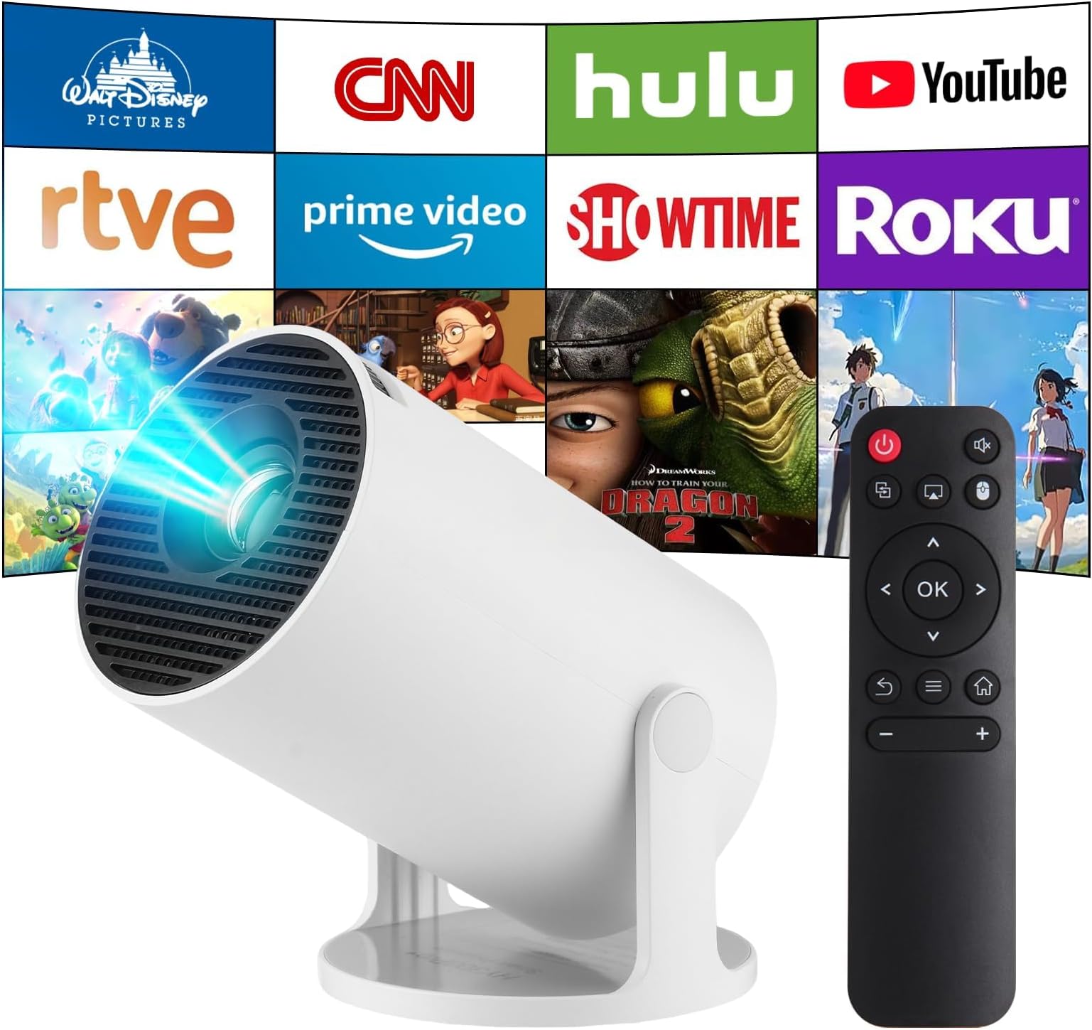 Mini Projector, Upgrade 4K Home Cinema Projector with Android OS, Supports 5G WiFi 6, BT5.4, Auto Keystone Correction, 180 Degree Angle, 130 Inch Display for Phone/PC/Lap