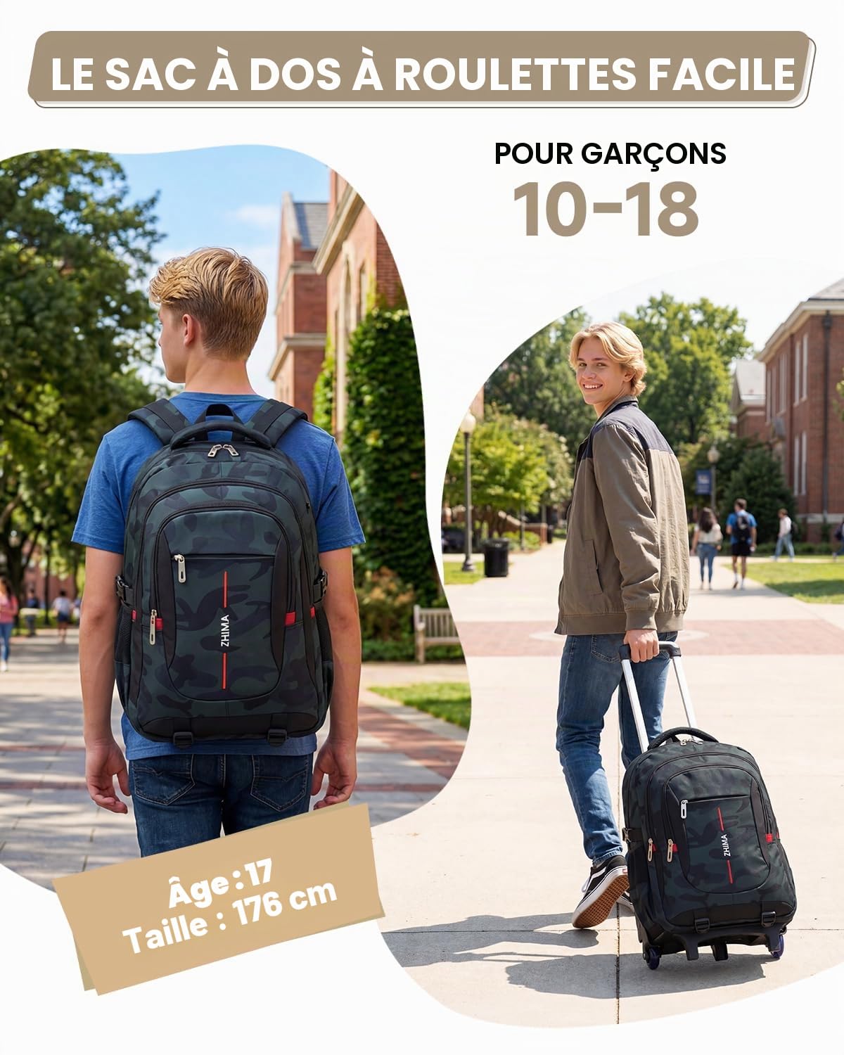 Amythe Cartable à Roulettes Garçon Camouflage 10-18 Ans – Trolley Scolaire 6 Roues avec Chariot Amovible – Sac à Dos à Roulettes pour Primaire Collège Lycée Rentrée – PC 15.6"