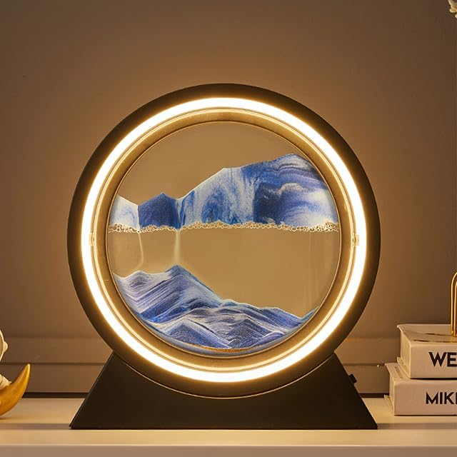 TIAASTAP Moving Sand Art Pictures, 3D Hourglass Deep Sea Sandscape Table Lamp, Sand Painting Liquid Motion Decor for Desktop Home Room Office Work (Blue a, 25cm)
