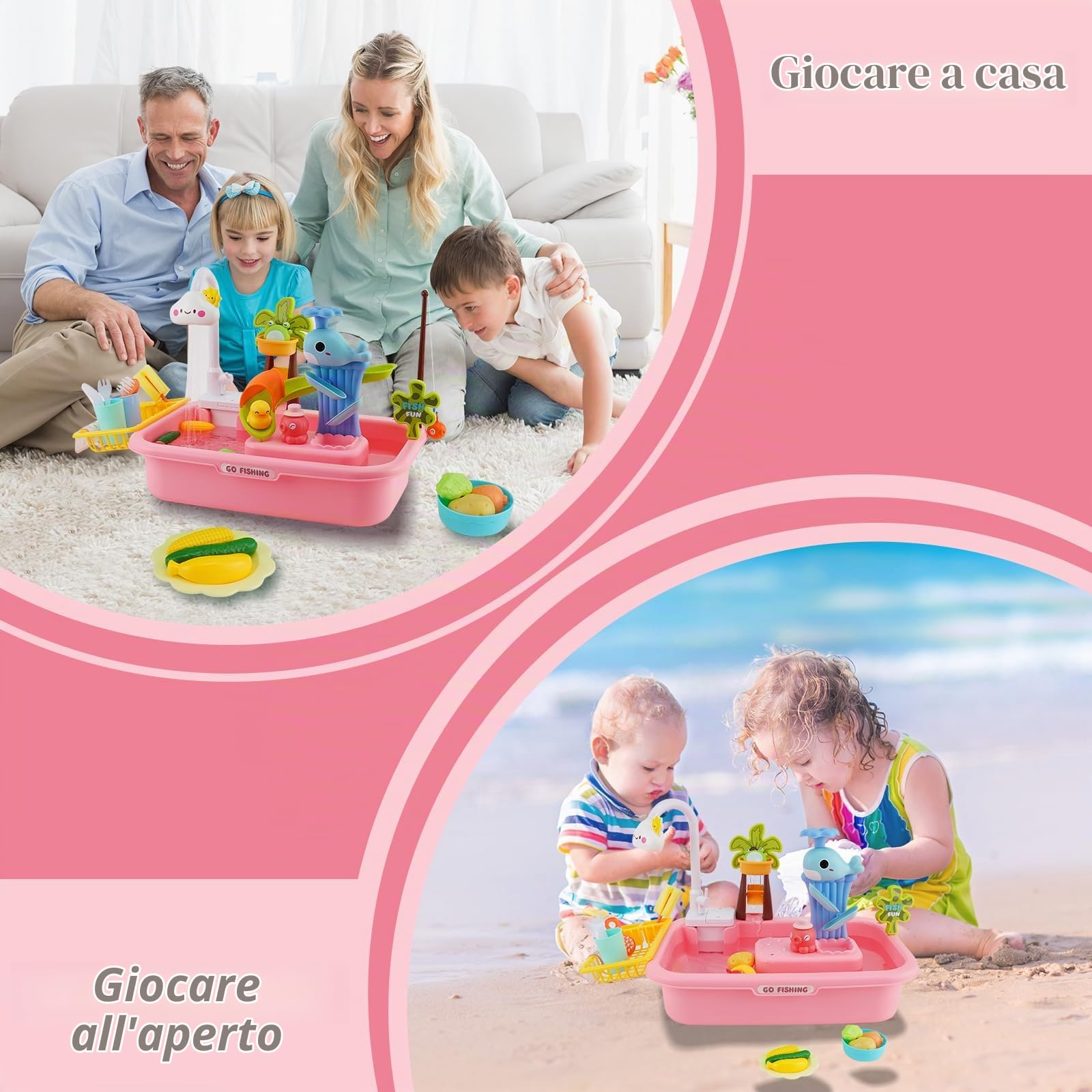 Cucina Giocattolo per Bambini,Lavandino Bambini con Acqua Vera,Rubinetto Aggiornato,Gioco di Pesca e Accessori da Cucina,set cucina bambini,Giocattoli di Ruolo per Ragazzi Ragazze 3 4 5 6(Rosa)