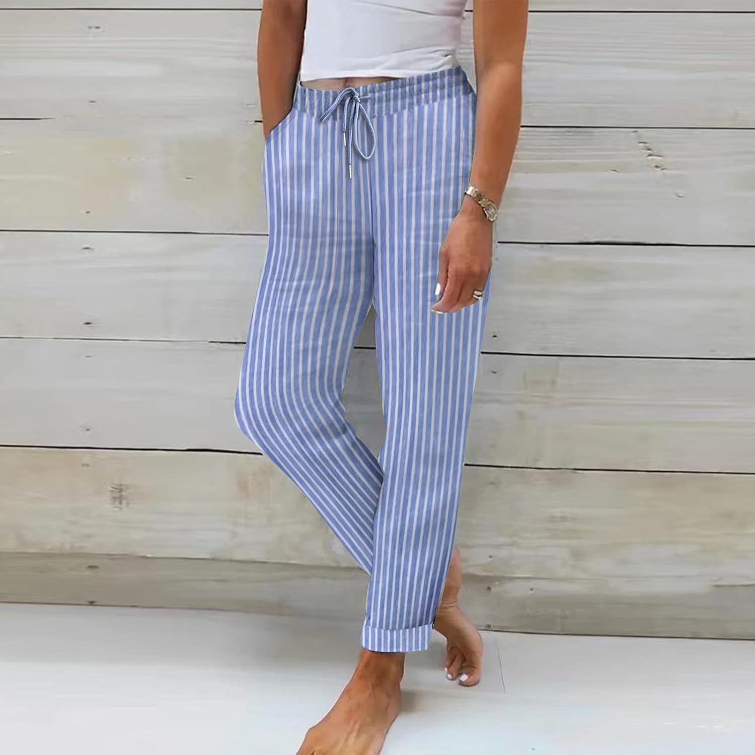 Striped Cotton Linen Pants for Women Summer Drawstring High Waist Straight Leg Lounge Casual Lightweight Beach Pants