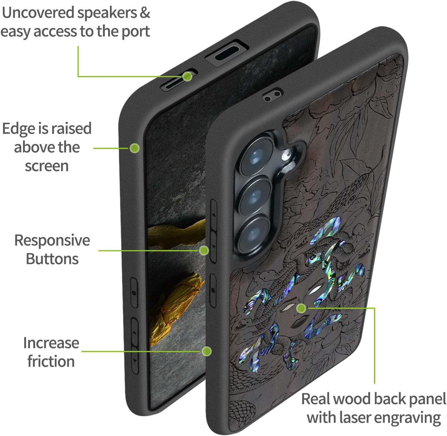 Carveit Magnetic Wooden Case for Galaxy S25+ / S25 Plus Case, Wood Artisan Engraved & Handmade Shell Inlaid, Compatible with MagSafe Wireless Chargers (The Medusa Enigma) Blackwood
