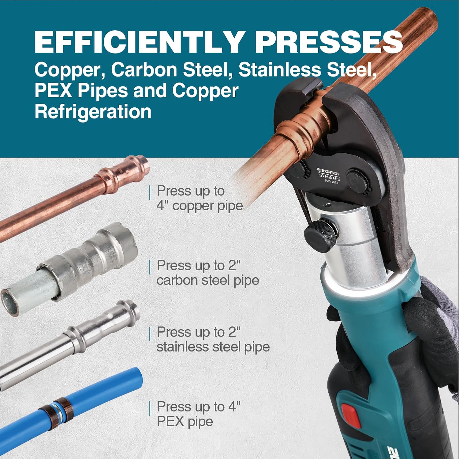 ZUPPER Standard Pro Press Tool kit with 6 Copper Pro Press Jaws 1/2" to 2", 2pcs 4AH Battery, Fast Charger & Carrying Case