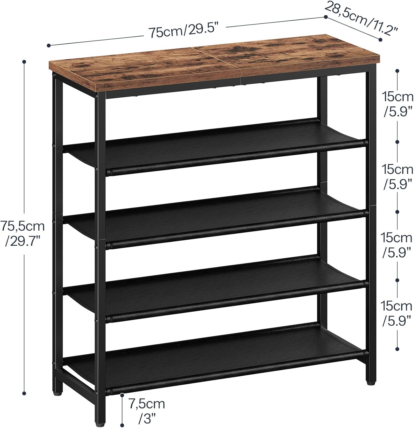 HOOBRO Shoe Rack with 4 PU Shelves, 5-Tier Shoe Storage Organizer for Closet and Entryway, Holds 12-16 Pairs of Shoes, Sturdy Metal Frame, Small Spaces, Rustic Brown and Black BF95XJ01