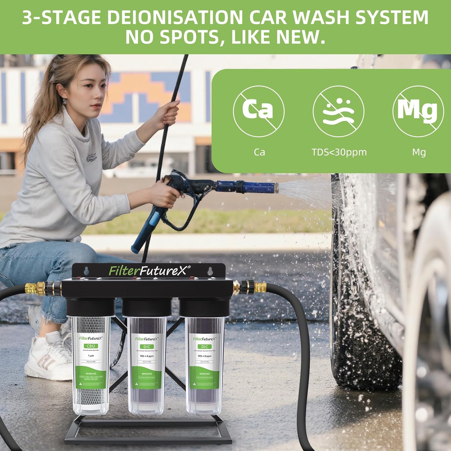 3 Stage Deionized Water car Wash System Spot Free Car Rinse Spotless car Washing Coconut Carbon Block Filter+2 DI Filters for Car/RV/Motorcycle/Window Washing No Spots 3/4" Inlet/Outlet
