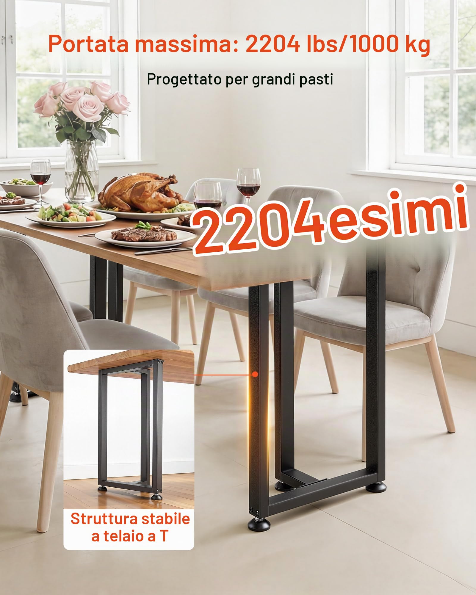 VEVOR Gambe per Tavolo in Acciaio, Gambe per Scrivania Smontabili a Forma di T con Tubo Quadrato, Design Modulare, Montaggio Semplice, Carico Max. 1000 kg, 74 x 45 cm, Set da 2, per Tavolo da Bar