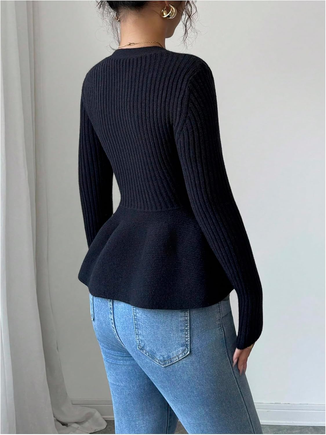 GORGLITTER Women's Ruffle Peplum Cardigan Sweater Button Down Fitted Long Sleeve Ribbed Knit Baby Doll Trendy Cardigan - Image 2