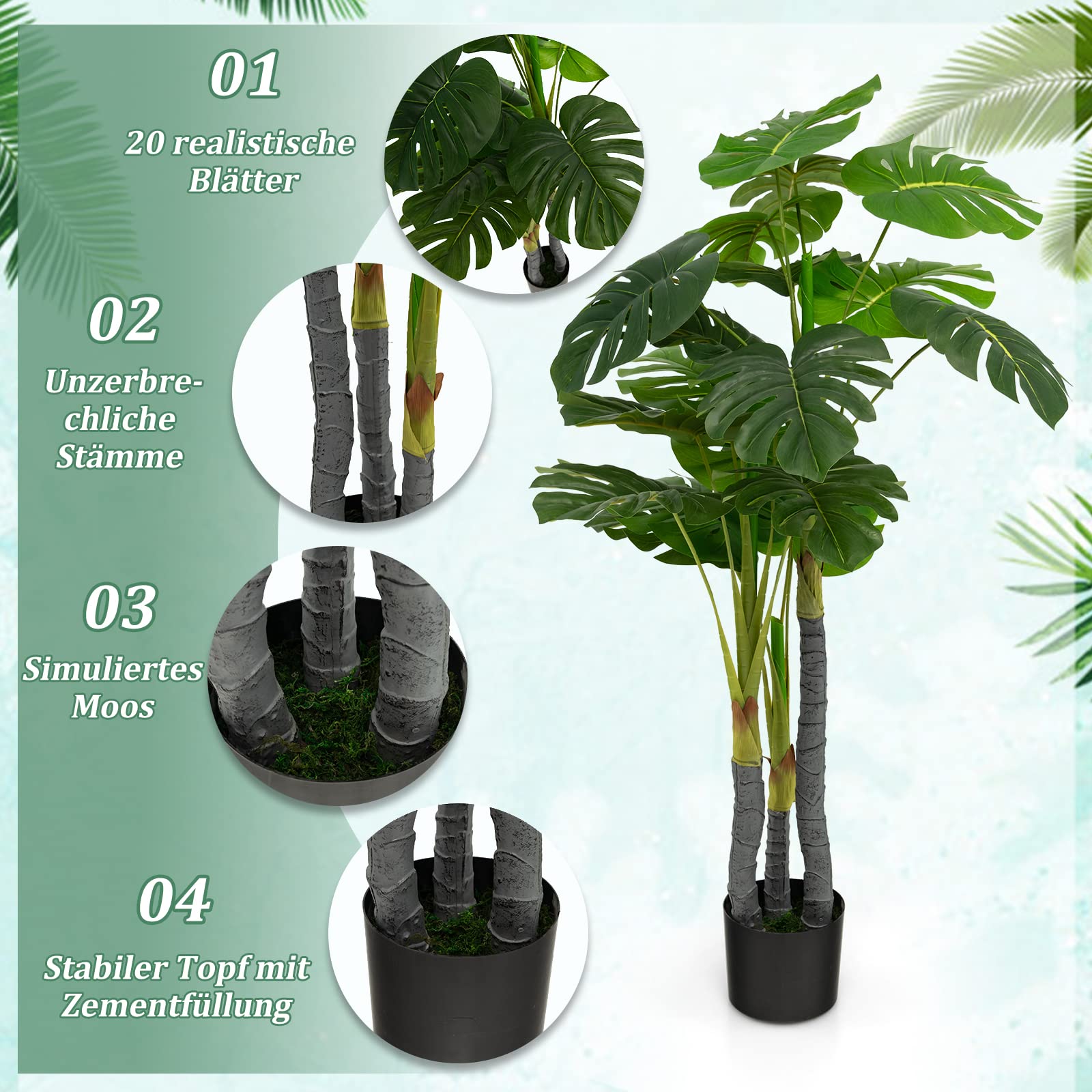 GOPLUS Sztuczne drzewko monstera o wysokości 120 cm, sztuczna roślina Monstera Deliciosa z 20 dużymi liśćmi, 3 pniami i realistycznym mchem, zawsze zielona sztuczna roślina z doniczką do wewnątrz i na zewnątrz