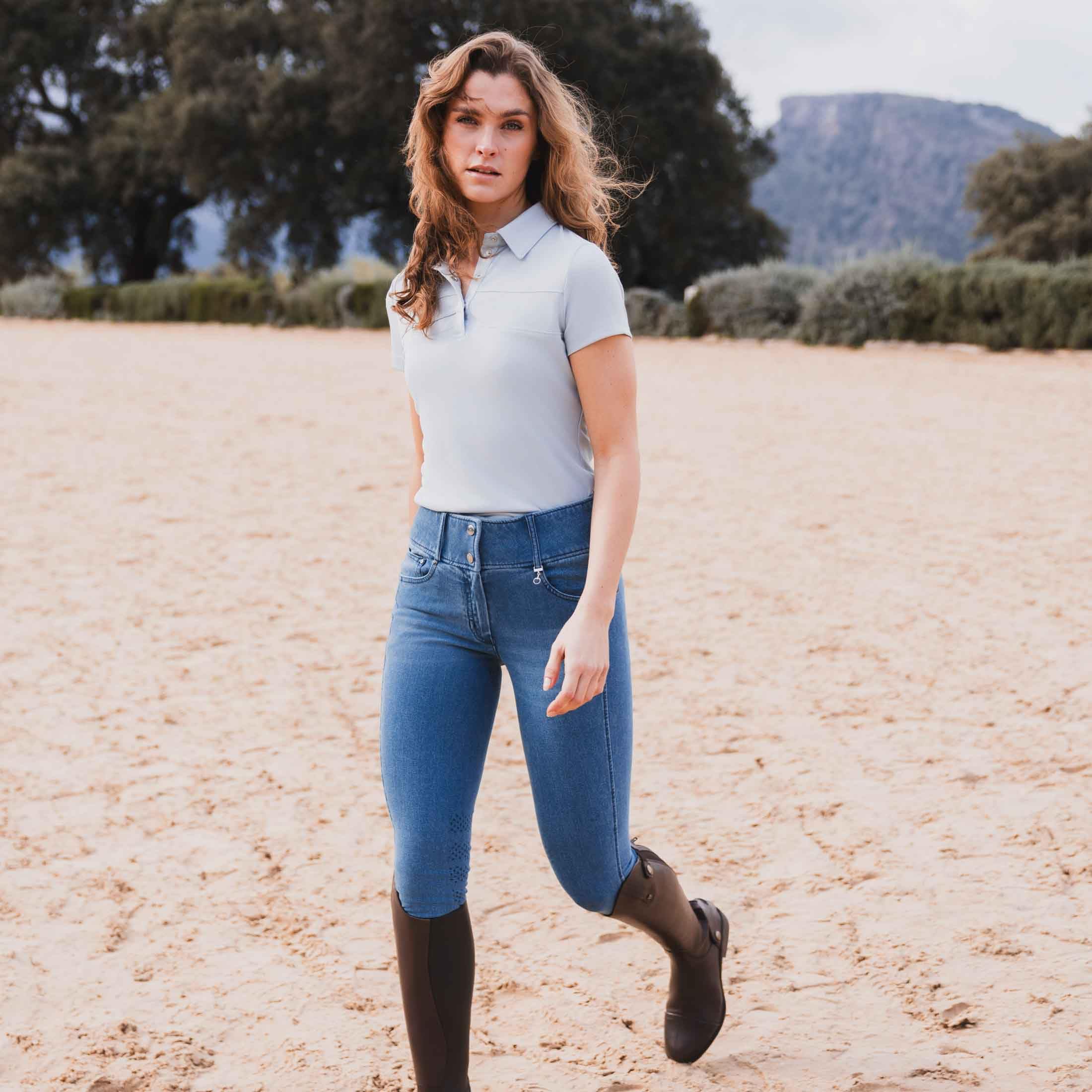 HORZE Carolyn Damen Denim Vollbesatzreithose – 4-Wege-Stretch, Handytasche, Hybrid-Grip & Gürtelschlaufen, Blau, 38