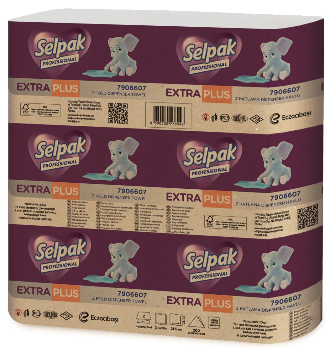 Selpak Professional Z Fold Paper Towels, 2ply Paper Hand Towels Disposable 12x200, (Total 2400), Absorbent White Paper Towel Ideal for Individuals/Businesses, Paper Hand Towels for Dispenser