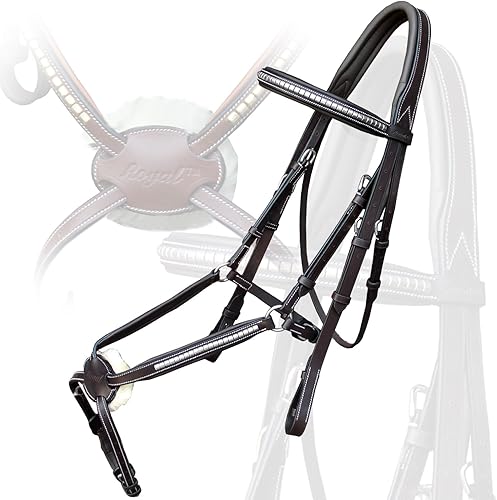 Miniatura 2 de Exion - Brida de piel inglesa de alta calidad con banda de nariz y banda para la ceja plateada  Pieza de corona anatómica acolchada suave  Riendas