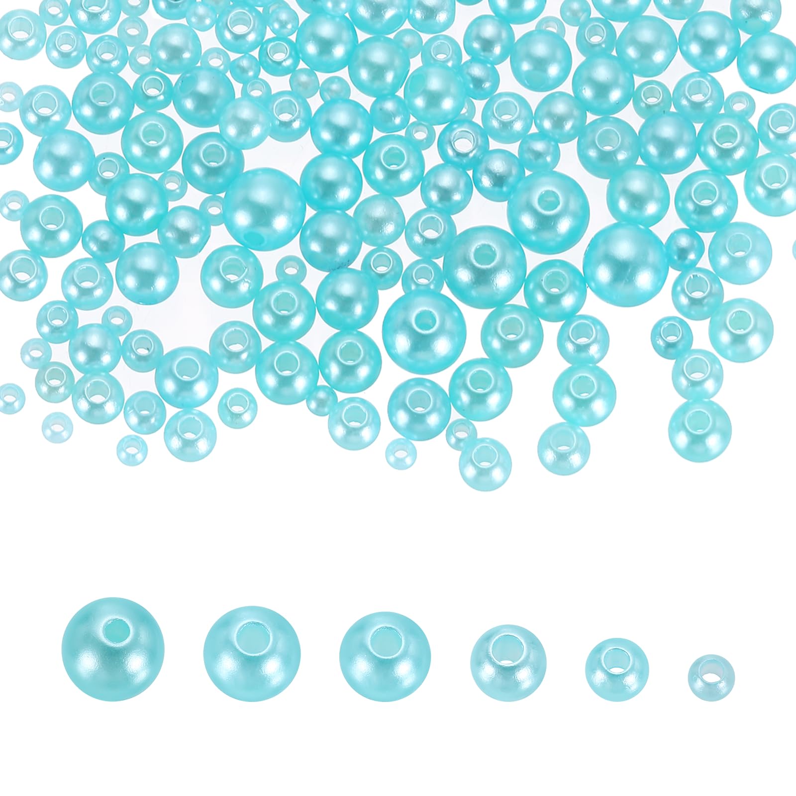 sourcing map 300Pcs Mixed Pearl Beads, 3-8mm Round Loose Crafts Beads with Hole, Plastic Bulk Decoration Spacer for Vase Fillers, Table Scatters, Water Blue