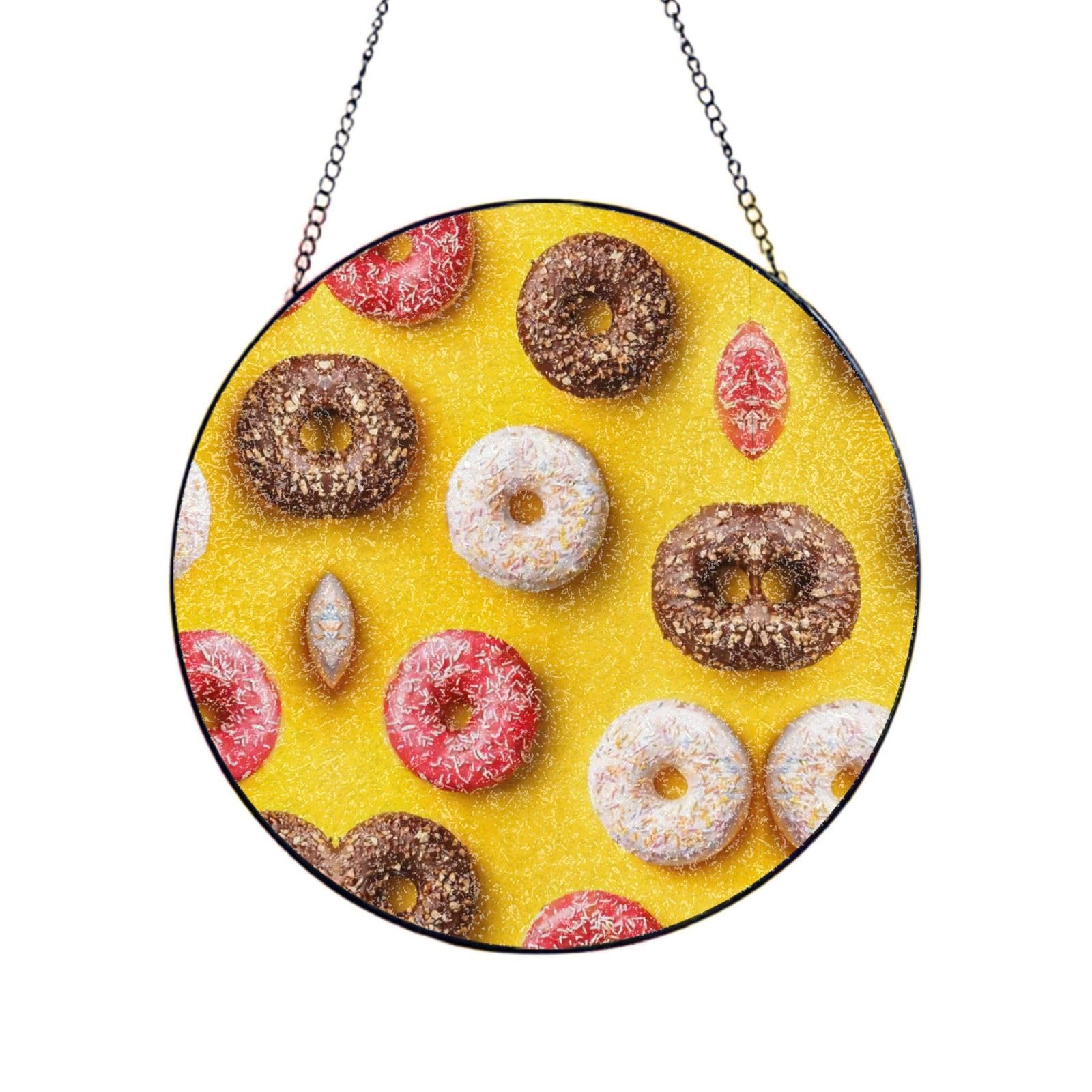 Phayah Doughnut Print Stained Glass Window Hanging Suncatcher For Door Terrace Garden Home Decor Sun Catcher Birthday Gifts For Lovers Dad Mom 4in（10cm）