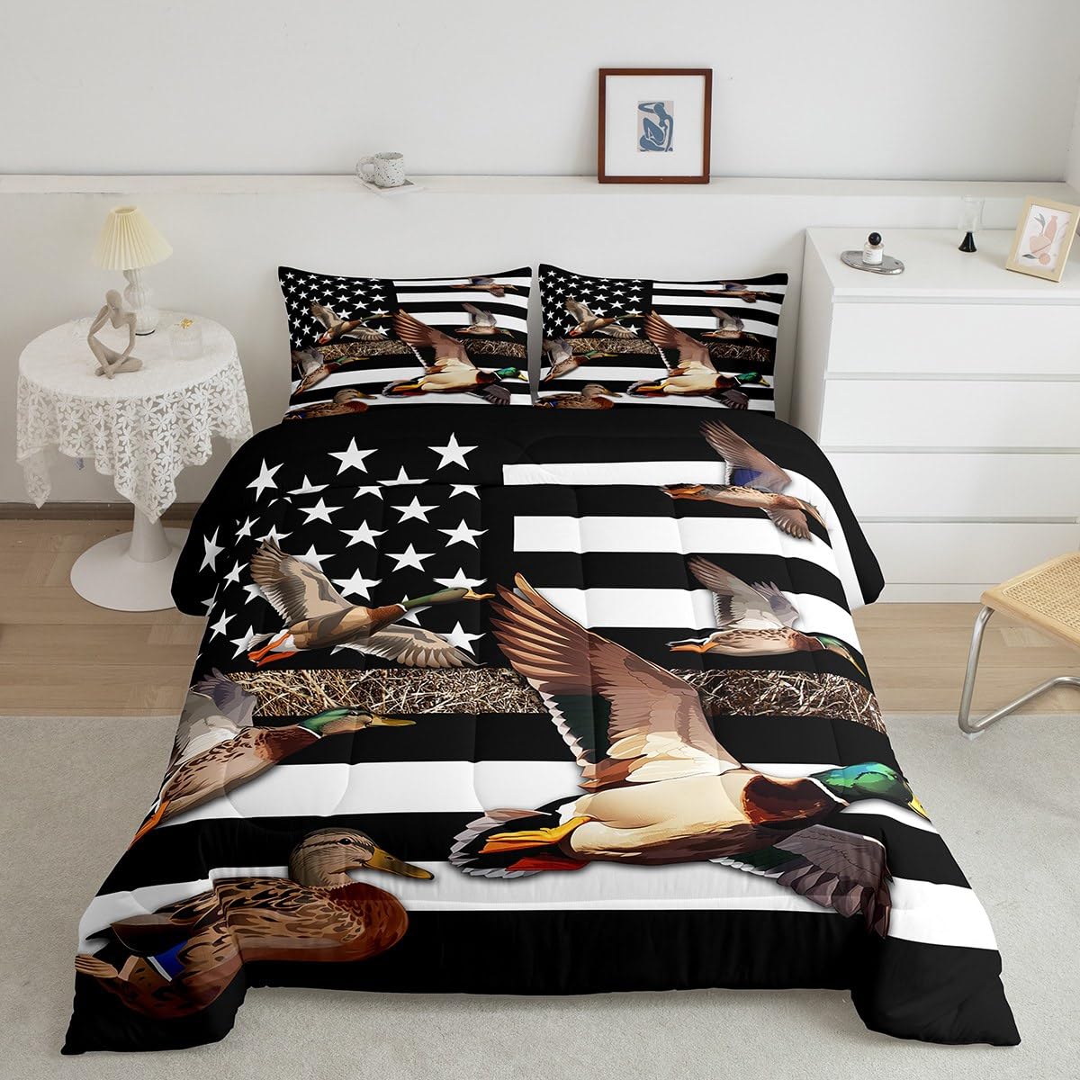 Edredón Queen de bandera americana y patos salvajes para cama juvenil