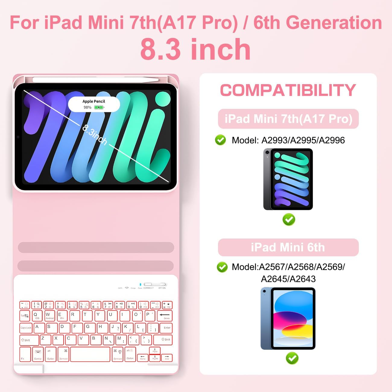 for iPad mini 7th 6th Gen Keyboard Case with 7 Color Backlit Pencil Holder - Detachable Magnetic Cover for iPad mini 7 (2024 A17 Pro) iPad mini 6(2021) 8.3 Inch, Multi-Angle Stand Long Battery