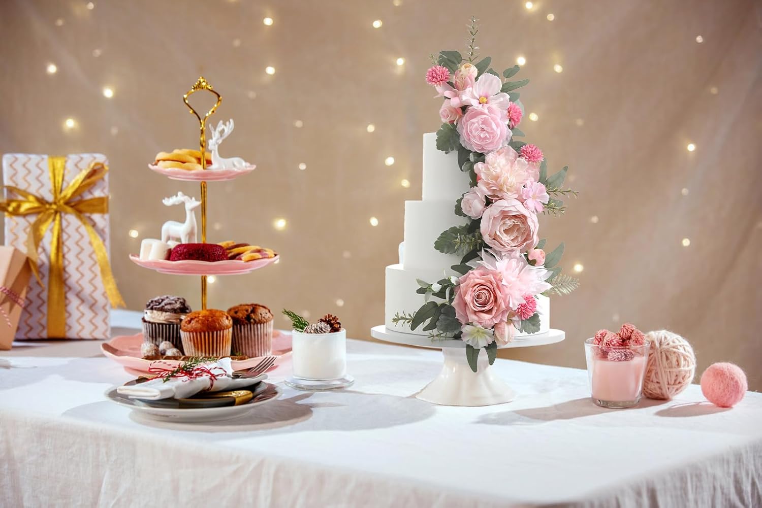 Serra Flora 3Pcs Pre-made Silk Flowers Cake Topper Wedding Artificial Flowers Decor Blusher Pink Flowers Cake Decorations for Girl Sweet Weddings Boho Party Supplies.