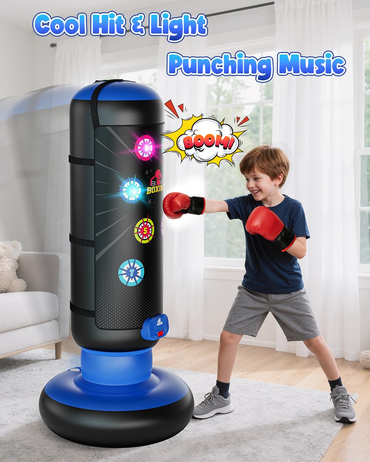 Boxsack Kinder, Boxsack Stehend mit Musik & Licht, Interaktiv Punching Bag, Aufblasbarer Standboxsack mit Boxhandschuh Geschenke für 6 7 8 9 10 11 12 Jahren Kinder Jungen