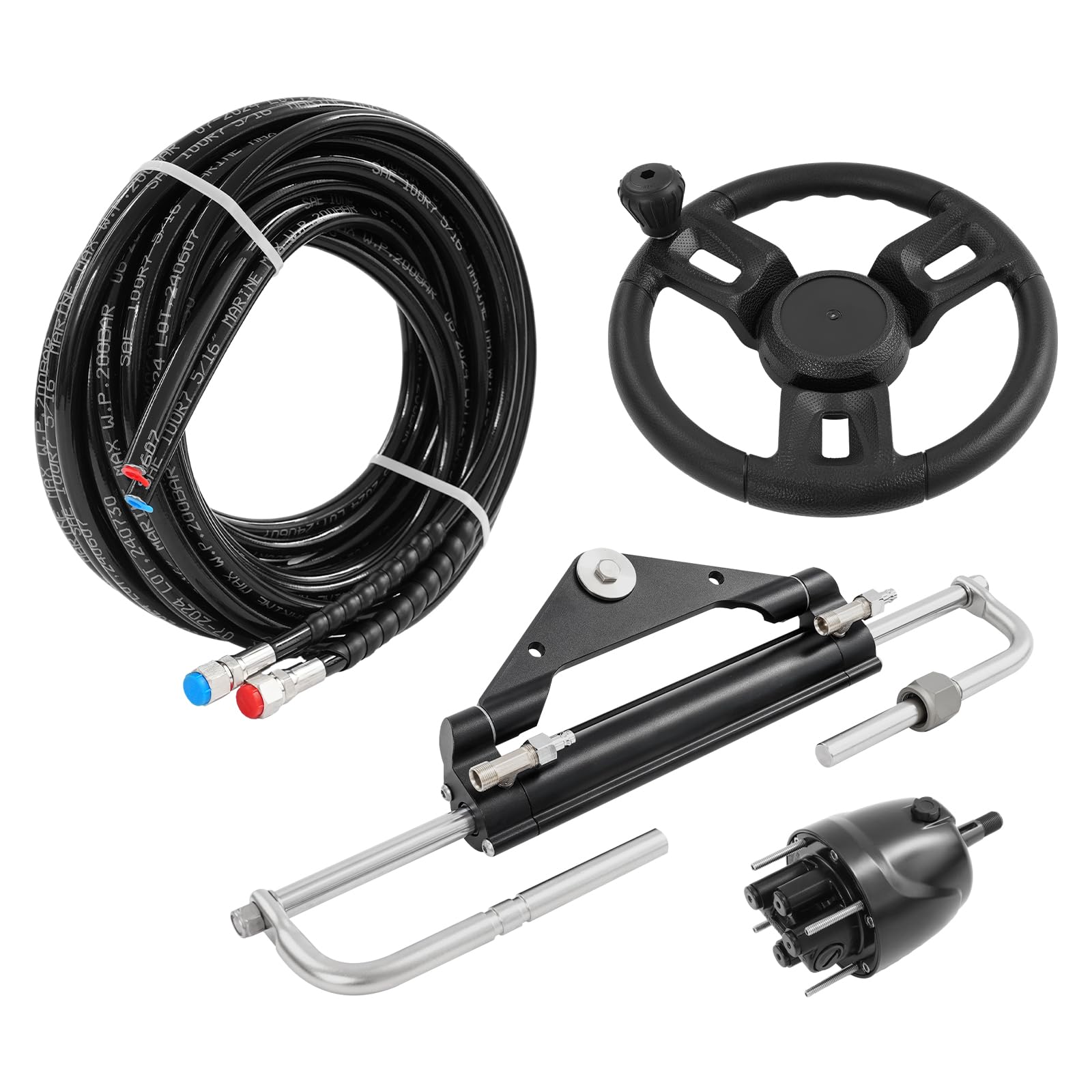 Kit de dirección hidráulica para fuerabordas hasta 150 CV, sistema de dirección de barco de 200 mm de carrera con bomba hidráulica, cilindro y mangueras. Sistemas de dirección marina para botes