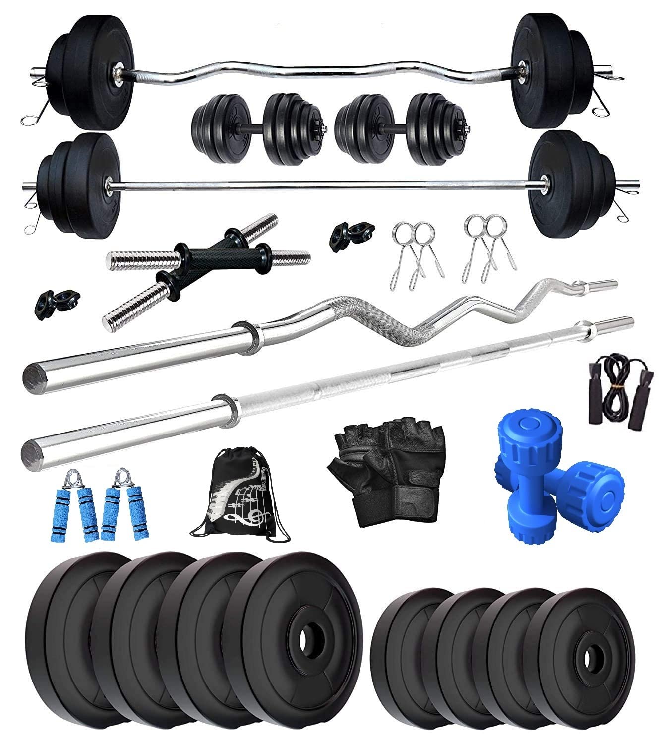 BODYFIT Home Gym Combo Set, Gym Systems 55Kg Weight Plates, 3ft Curl, 5Ft Straight Rod + One Pair Dumbbell Rods, PVC Dumbbell Plates, Weight Plates, Exercise Set, Home Gym Kit.-picture-10
