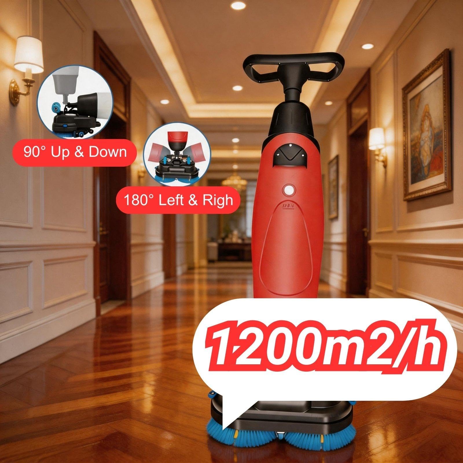 Máquina Fregadora de Suelos Comercial, Limpiador Inalámbrico de 350 RPM, Cabezal Giratorio de 360° y Doble Cepillo, 120 Min de Autonomía para Suelos de Vinilo, Hormigón y Vinilo de Lujo White