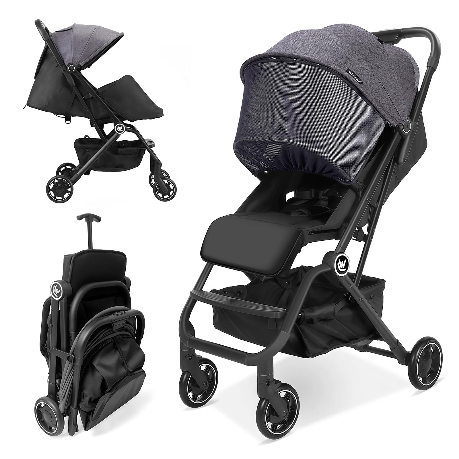 Wheelive Leichter Kinderwagen, Kompakter Reisebuggy mit Ausziehbarem Fußsack & Schlafverdeck, Einhand-Einfaltbarer Buggy, Verstellbarer Sitz für Kleinkinder 0-36 Monate