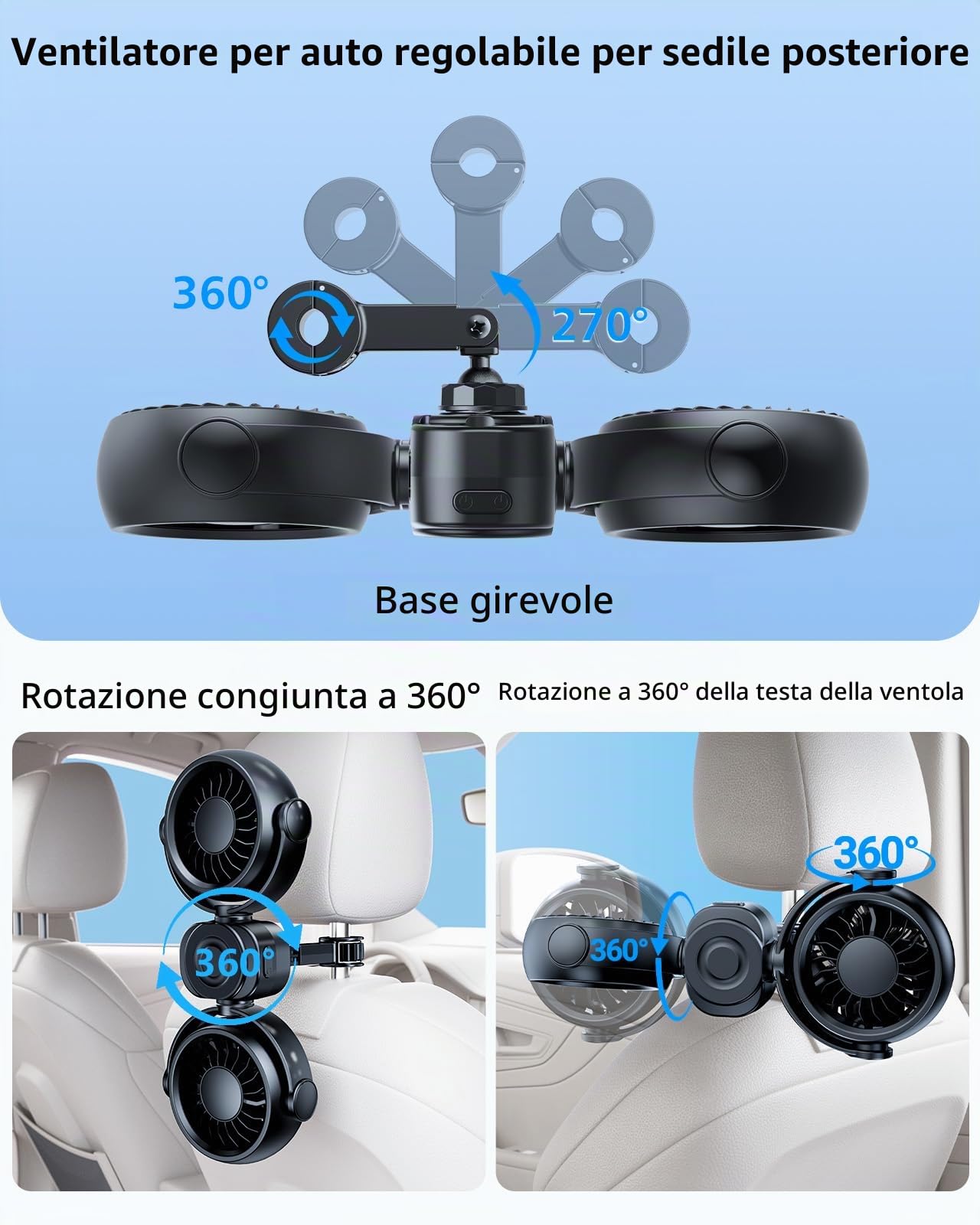 Ventilatore per auto ricaricabile da 4000 mAh per sedile posteriore per bambini con supporto magnetico integrato per auto SUV RV Pickup, 360 ruotabile regolabile ventilatore per seggiolino