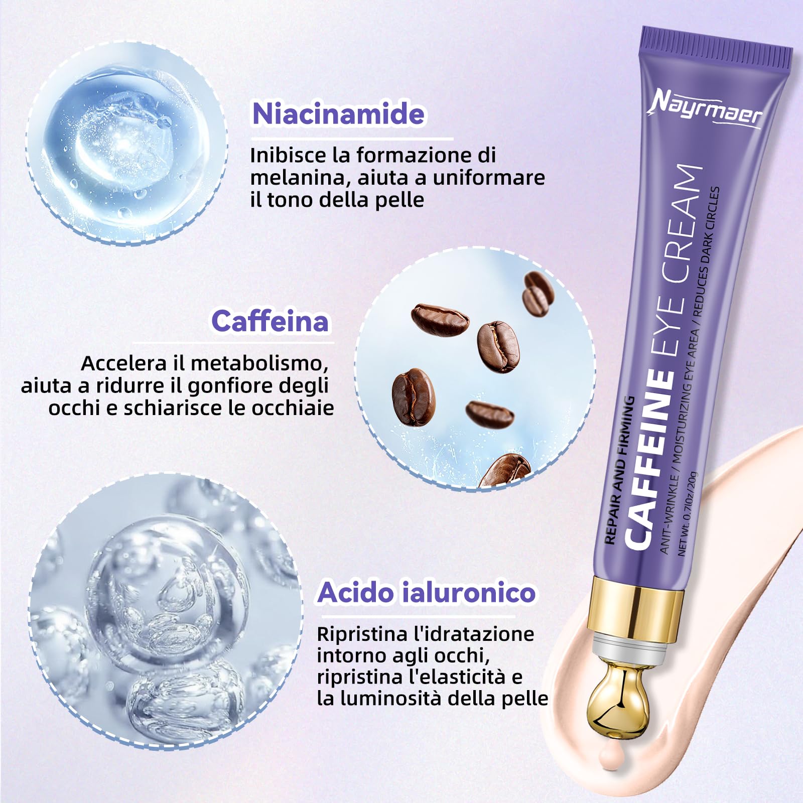 Crema Contorno Occhi alla Caffeina 20g, Riduce le Occhiaie e il Gonfiore, Contiene Niacinamide e Acido Ialuronico, Idratante, Adatta a Tutti i Tipi di Pelle