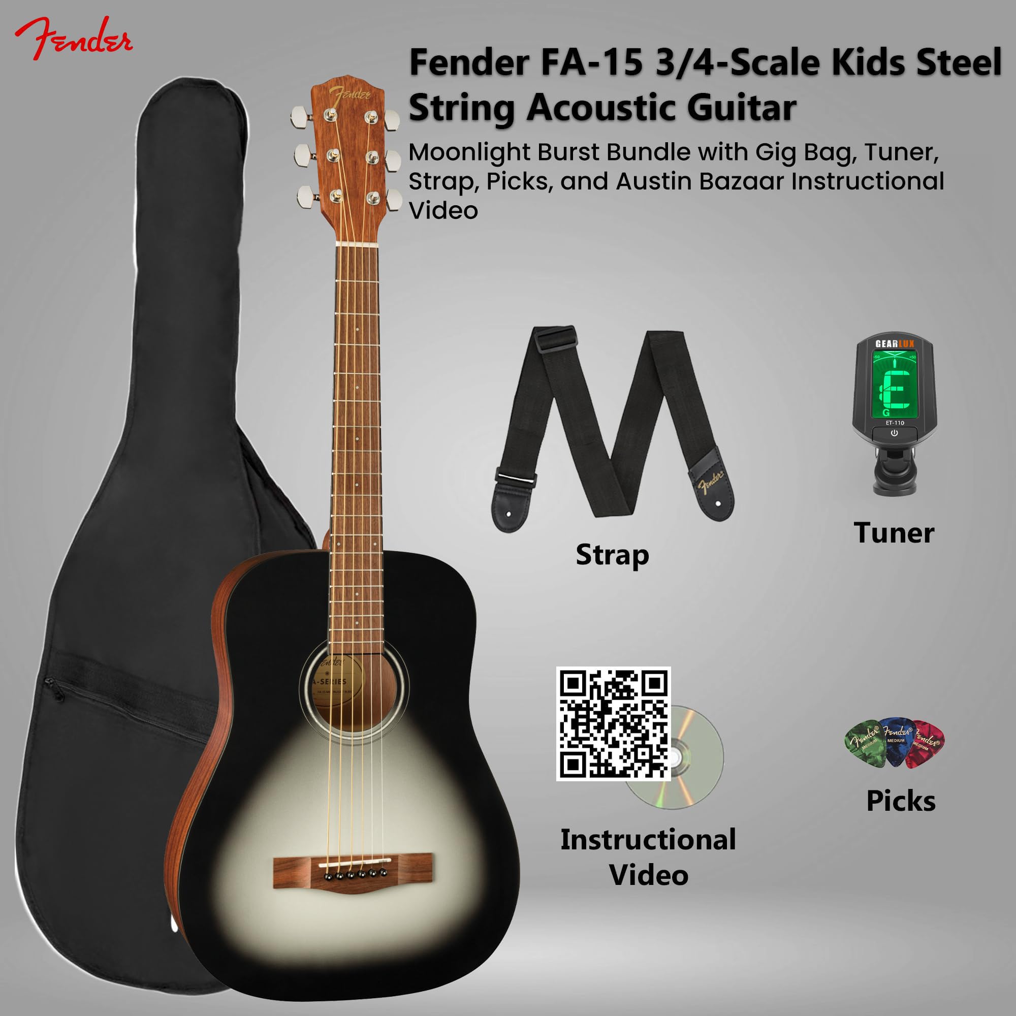 Amazon | Fender FA-15 3/4-Scale Kids Steel String Acoustic Guitar