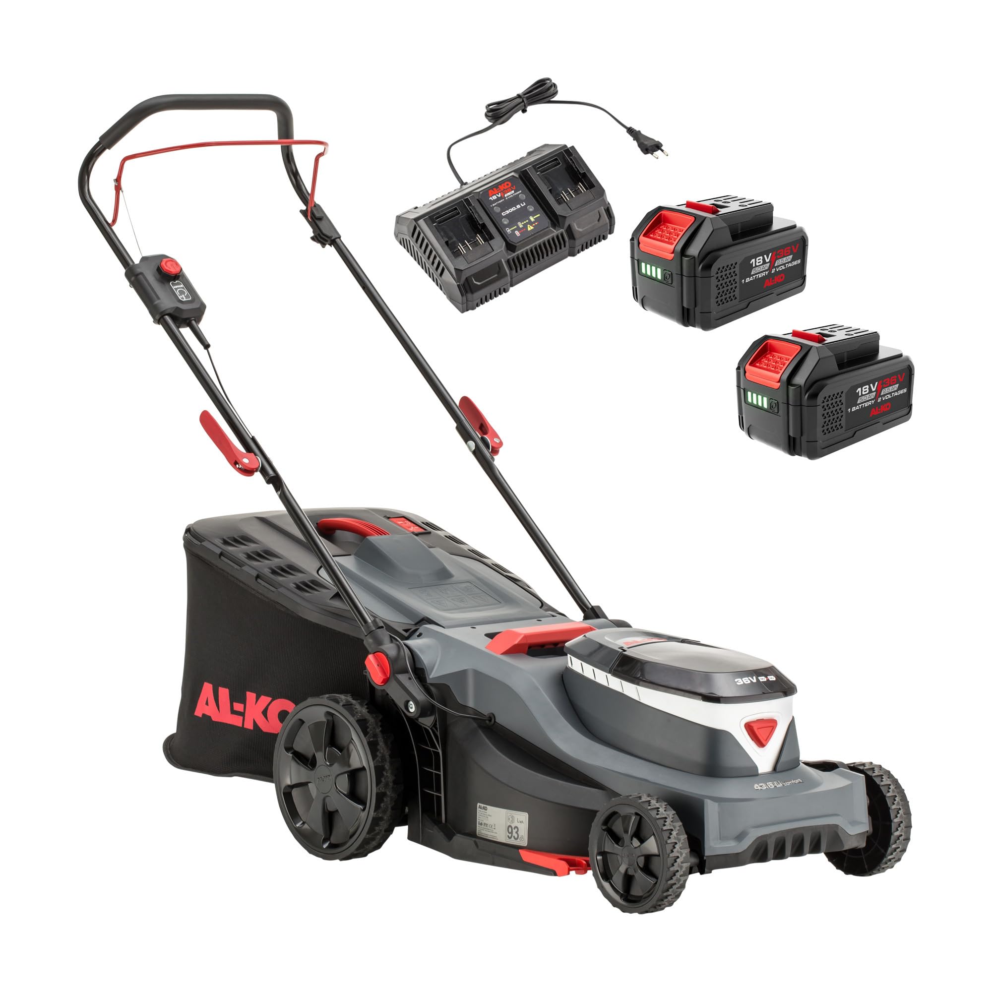 AL-KO Cortacésped inalámbrico 43.6 Li Comfort, Ancho de Corte de 43 cm, Ajuste de Altura de Corte Central, para césped de hasta 650 m², Incluye 2 x 18/36 V (5 Ah/2,5 Ah) y Cargador Doble