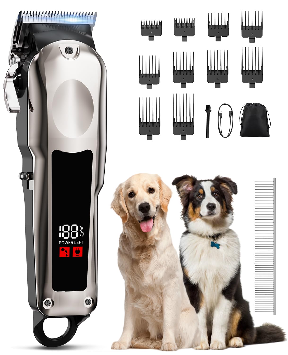 FISHOAKY Dog Clippers for Grooming Professional for Thick Heavy Coats/Low Noise Cordless Pet Shaver for Dogs Grooming Kit Razors Pet Hair Shears LED Display