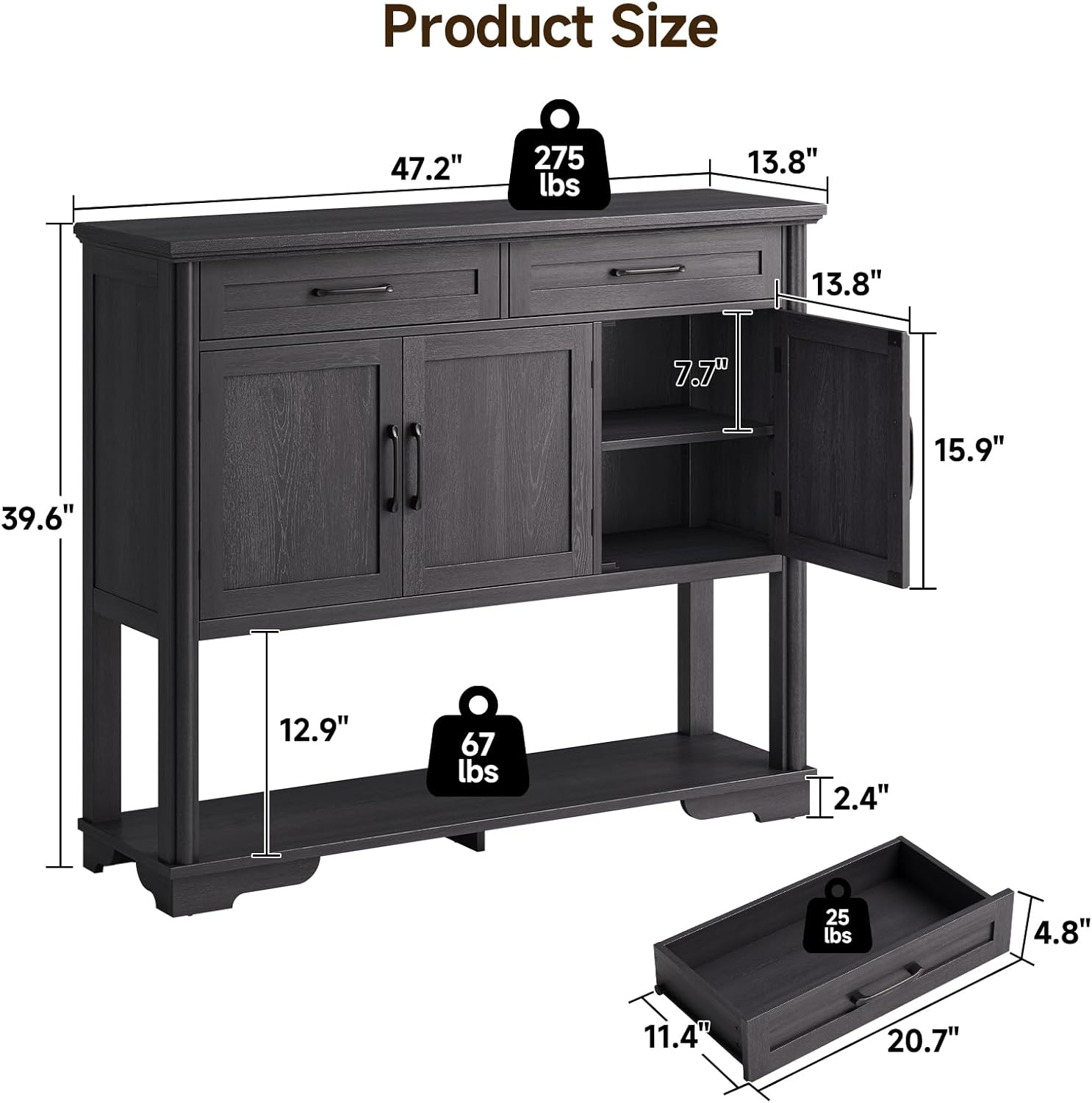 ONBRILL 47.2 Inches Entry Table with Storage, Farmhouse Buffet Cabinet w/2 Drawers and 3 Doors, Open Storage Shelf, Adjustable Shelves, Coffee Bar Console Cabinet for Kitchen, Living Room, Black
