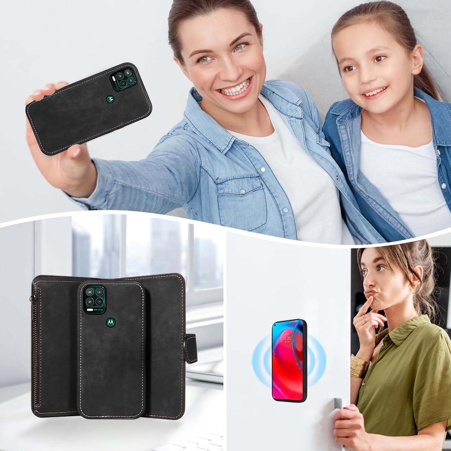 Asuwish Phone Case for Moto G Stylus 5G 2021 Zipper Wallet Detachable Magnetic Cover with Tempered Glass Screen Protector Crossbody Lanyard Card Holder Motorola GStylus G5 XT2131DL Women Girls Black