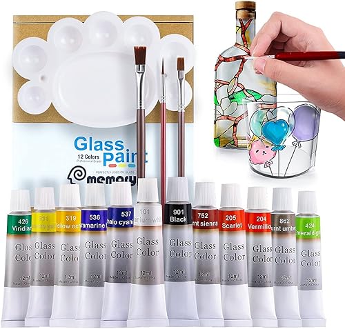 Miniatura 1 de COLORFUL Kit de pintura para vidrios de manchas con 12 colores, 3 pinceles de nailon, 1 paleta, juego de pintura acrílica impermeable para crear