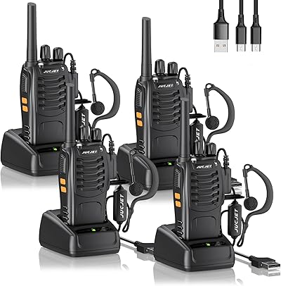 JUCJET 88E Walkie Talkie,Lizenzfrei PMR446 16 Kanäle Funkgeräte,2W Funkempfang 16 Kanäle 3-5 Meile Reichweite Sprechfunkgerä,Mit USB-Ladestation und Headset, (Schwarz, 4 Stück)