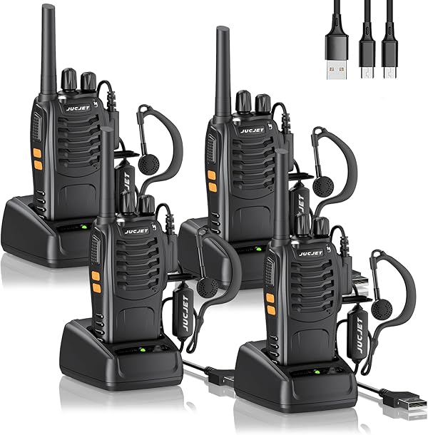 JUCJET 88E Walkie Talkie,Lizenzfrei PMR446 16 Kanäle Funkgeräte,2W Funkempfang 16 Kanäle 3-5 Meile Reichweite Sprechfunkgerä,Mit USB-Ladestation und Headset, (Schwarz, 4 Stück)
