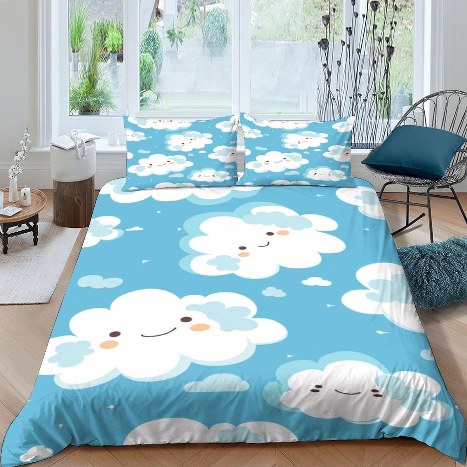 Ctjqhvkz Style-8 3D Printed Cute Cloud Fitted Sheet Microfiber Blue Cartoon Sky Mattress Cover For Bedroom Dorm Decorative Bedding Single（135X200cm）