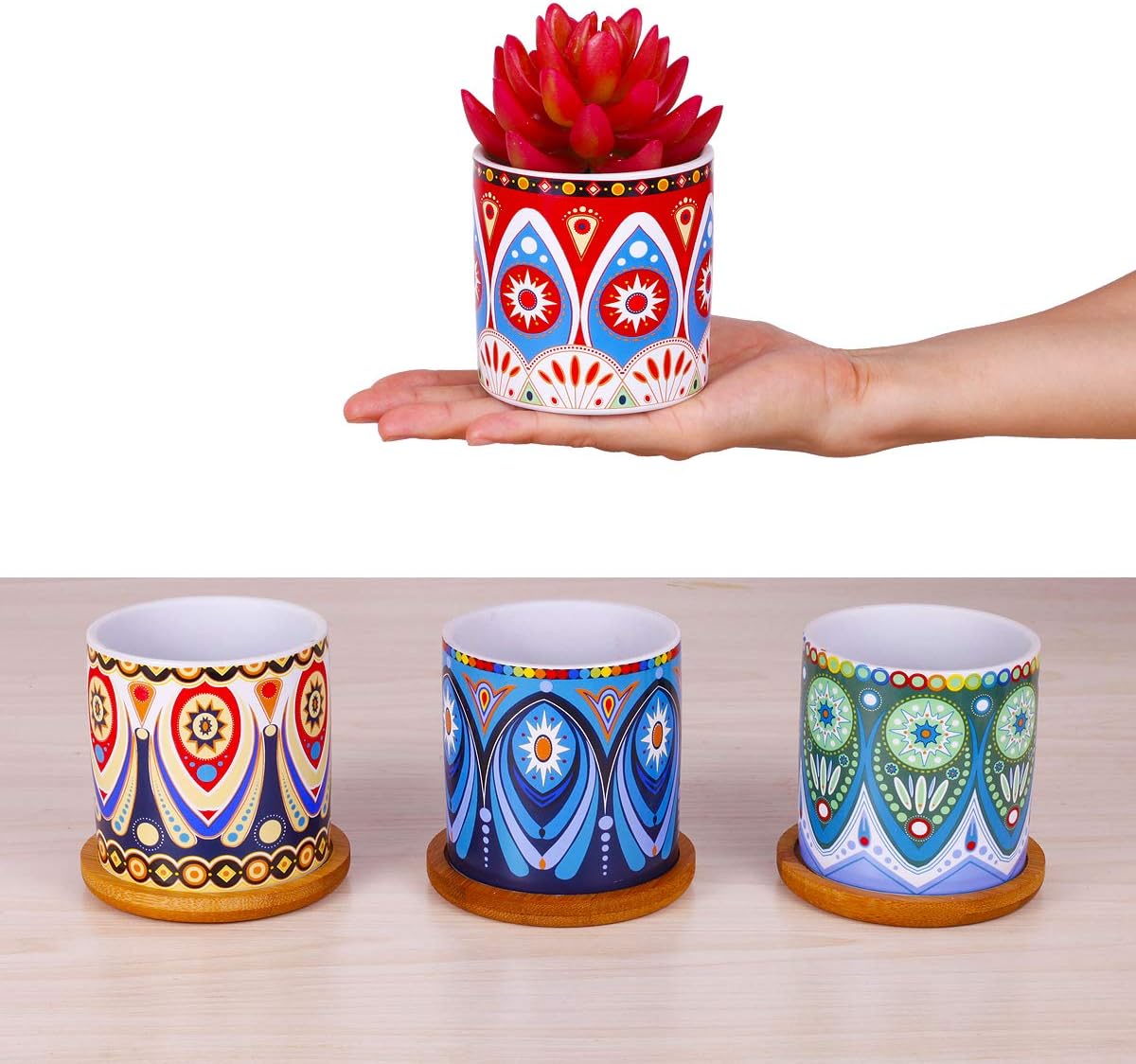 4 Pcs Colorful Mini Ceramic Cylinder Succulent Plant Pots with Bamboo Trays, Thumb Flower Pots for Small Plants and Decorative Objects - Colorful Mandala Styles