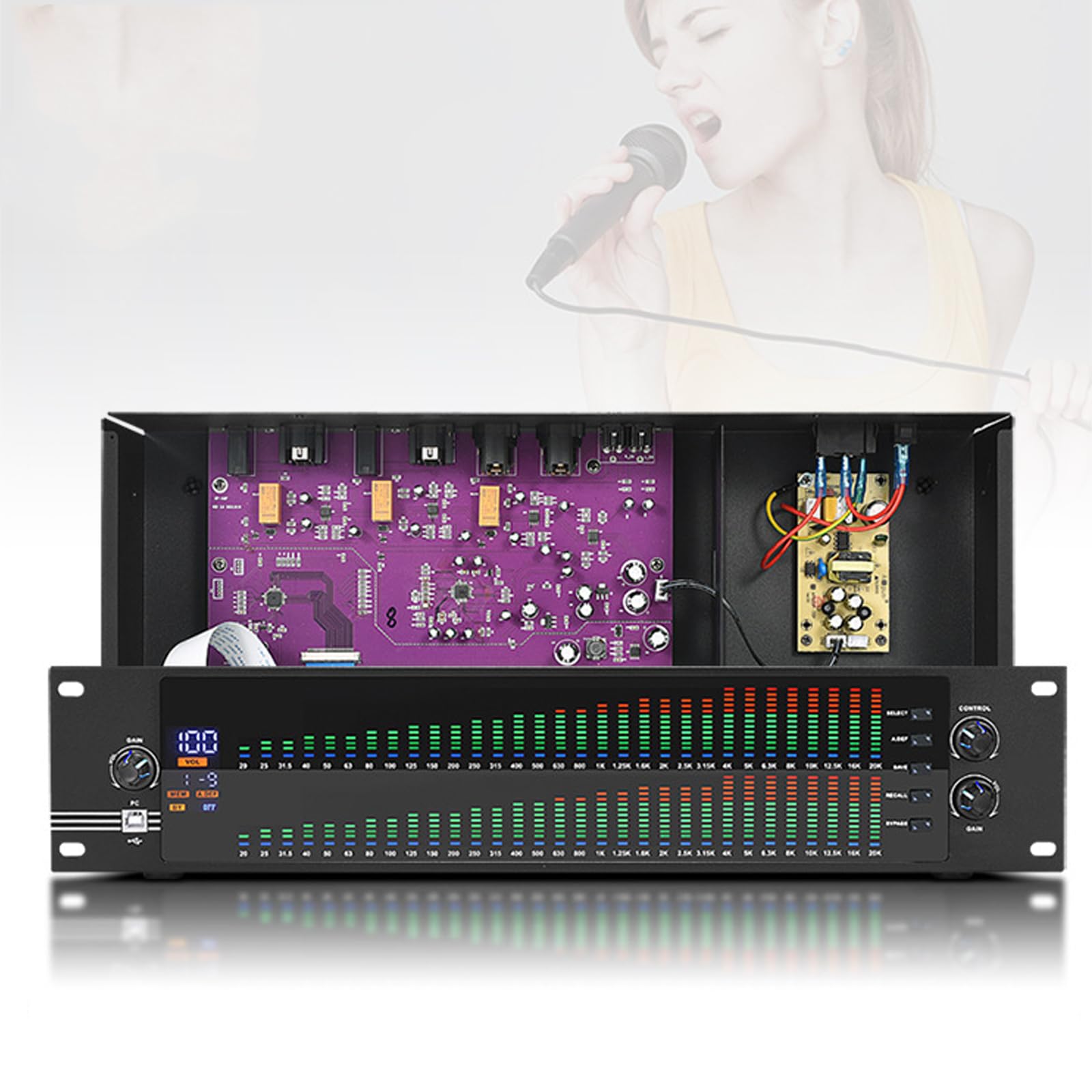 Égaliseur graphique double 31 bandes – Double canal, montage en rack 2U, 10 effets prédéfinis, entrées USB/analogiques, parfait pour l'amélioration audio à la maison et au studio